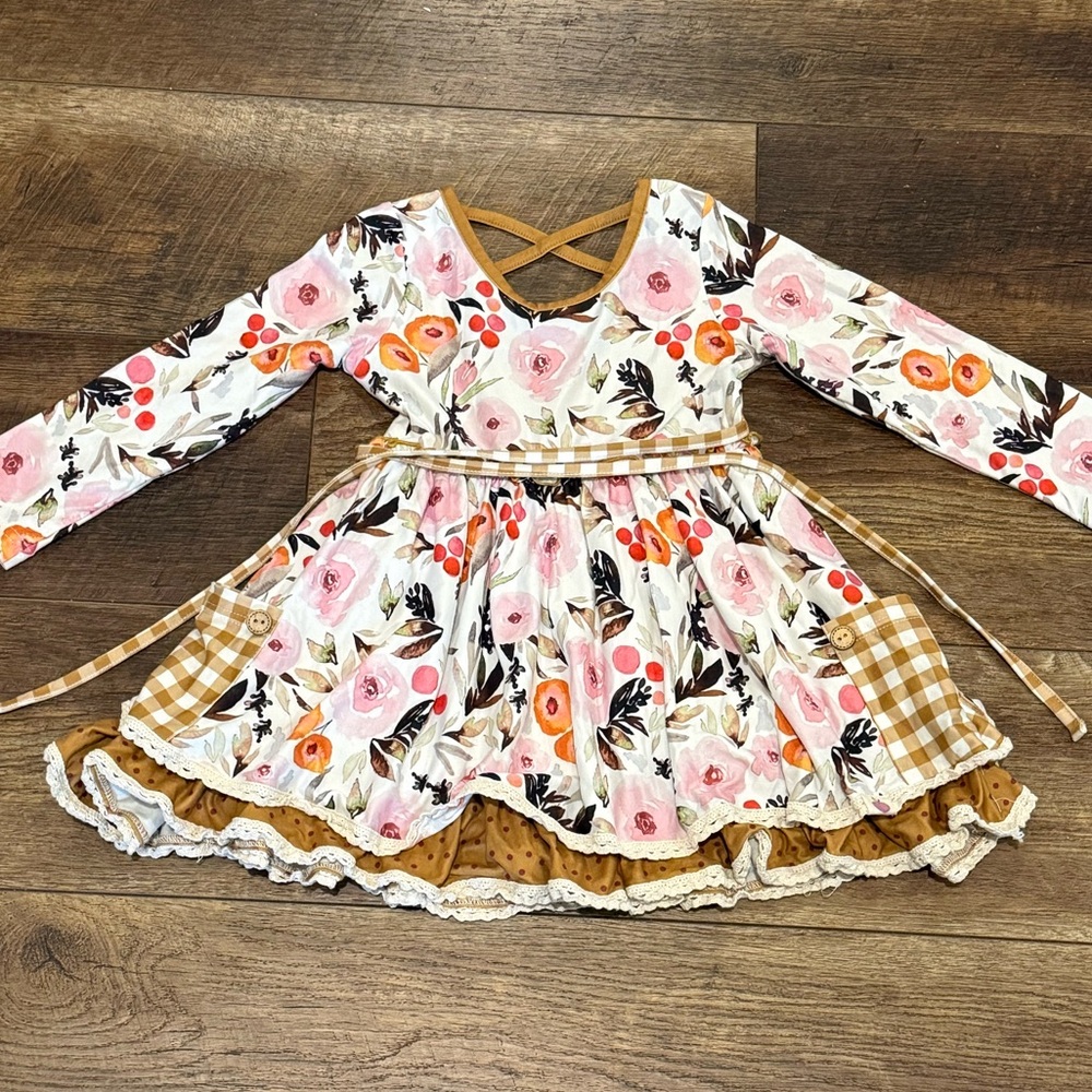 cheeky plum Pink Floral Dress with Mustard Trim